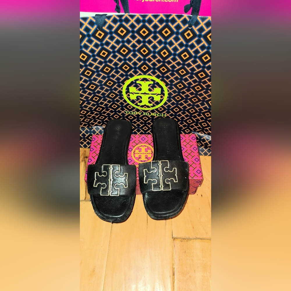 Tory Burch Designer Black Double T Slides Leather Sandals Size 10